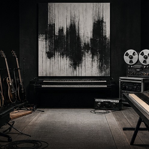 Chepstonius recording room with instruments and tape machine